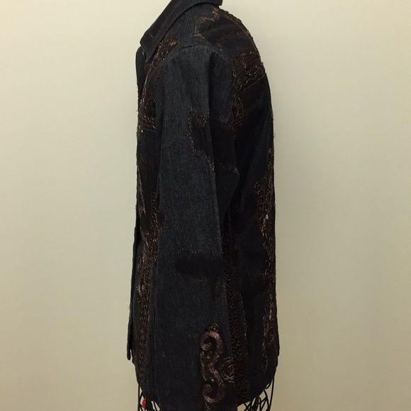 Black Denim Jean Embroidered Rhinestone Jacket M? - Picture 3 of 8